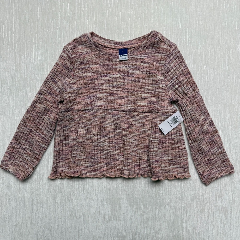 Old Navy Peplum Top Toddler Girls 2T Pink Space Dye Cotton Ribbed Lettuce Trim